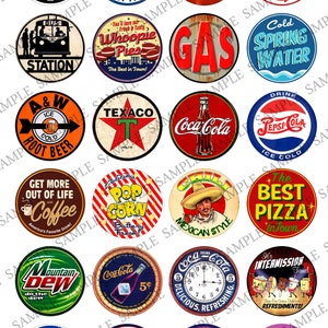 May include: A collection of 16 vintage-style round signs with various designs and text. The signs feature a variety of themes, including transportation, food, drinks, and general business. Some of the signs include text such as "Brooklyn Battery Tunnel", "Public Telephone", "Gas", "Old Pal", "Cold Spring Water", "A&W Root Beer", "Get More Out of Life with Coffee", "Delicious Pop Corn", "Mexican Style", "The Best Pizza in Town", "Mountain Dew", "Coca-Cola", "Drink Pepsi-Cola", "America's #1 Truck Ford", "It's Intermission Time!" and "Drink Julep with Real Grape Flavor".