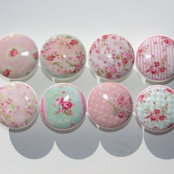 Set of 8, Shabby Pink Rose Knobs, Vintage Rose Knobs, Cottage Knobs, Drawer Knobs, Dresser Drawer Knobs, Cabinet Knobs, Group 2