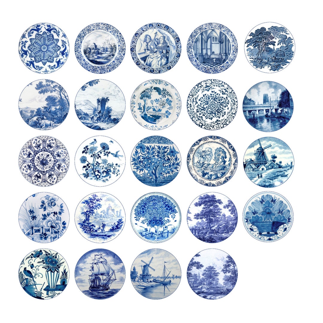 Set of 8, Vintage Blue Delft Knobs, Kitchen Knobs, Dresser