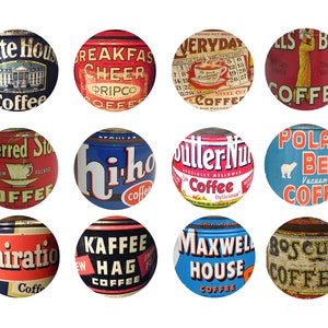 May include: A collection of 12 vintage coffee can labels. The labels are round and feature various designs and colors, including red, blue, white, and gold. The labels feature text such as "White House Coffee", "Breakfast Cheer", "Everyday Coffee", "Poler Bear Coffee", "Hi-Ho Coffee", "Butter-Nut Coffee", "Maxwell House Coffee", and "Boscul Coffee".