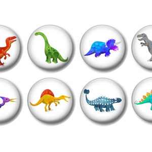 May include: Eight colorful dinosaur buttons with white backgrounds. The dinosaurs are a green brachiosaurus, a blue triceratops, a gray T-Rex, a purple pterodactyl, a yellow spinosaurus, a blue ankylosaurus, a green stegosaurus, and an orange velociraptor.