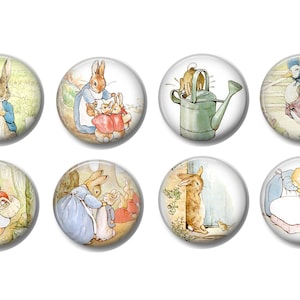 May include: Eight round buttons with images from the children's book "The Tale of Peter Rabbit". The buttons feature Peter Rabbit, Mrs. Rabbit, Benjamin Bunny, and other characters from the book.