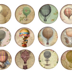 May include: Twelve vintage-style round stickers featuring hot air balloons in various colors and designs. Each sticker has a different background pattern with floral elements and text.