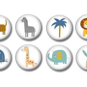 May include: Set of eight colorful, illustrated animal and plant magnets. The magnets feature a tiger, zebra, palm tree, lion, toucan, giraffe, elephant, and a small palm tree.