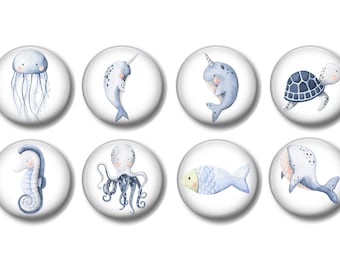 Set of 8, Sea Animals Knobs, Nursery Knobs, Nautical Decor, Drawer Knobs, Dresser Drawer Knobs, Seahorse, Octopus, Whale, Turtle, Jellyfish