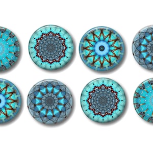 May include: Eight round blue and brown mandala designs with intricate patterns. The mandalas are on a white background.