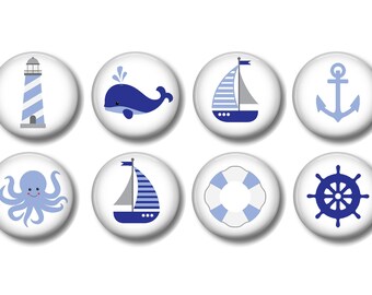 Set of 8, Boys Blue and Light Blue Nautical Knobs, Boys Room, Nursery, Drawer Knobs, Dresser Drawer Knobs, Boat, Lighthouse, Whale, Anchor