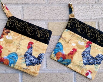Set of Potholders Farmhouse Rooster Chicken Pot Holder Farmhouse Kitchen Handmade Embroidered & Quilted Potholder Trivets