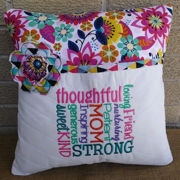 Mothers Day Pillow -  Decorative Pillow - Reading Pillow Handmade -3D Flower - Embroidered -16" Square - Quilted Pocket Pillow  -Mom -Mother