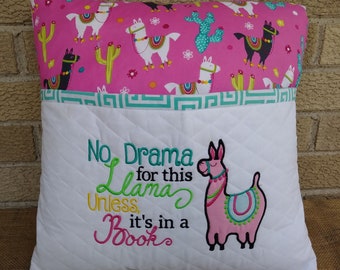 Llama - Girls Reading Pillow - Quilted & Embroidered Pocket - Bed Pillow - Travel Pillow.