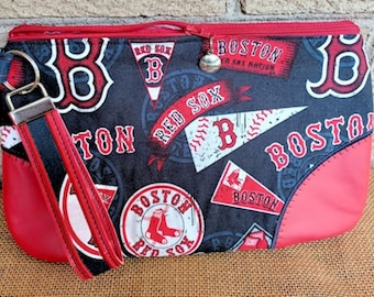 Boston Red Sox Purse - Wristlet - Cooperstown Fabric - Cosmetic Bag - Fabric & Faux Leather Wristlet -Key Fob - Handmade