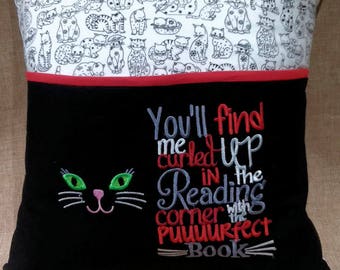 Reading Pillow  Cat - Kitten - Kitty Cat Lover  Reading Pillow  -  Embroidered  Pillow Pocket - Travel Pillow - Storybook Pillow Bed Pillow