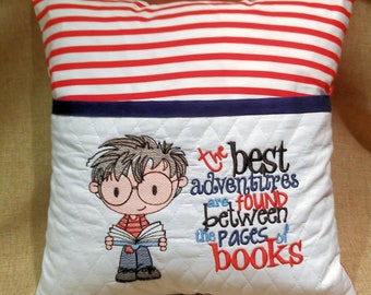 Reading Pillow - Boy - Tween - Teen  Hypoallergenic Embroidered  Pocket  -Travel Pillow  Storybook Pillow  Bed Pillow