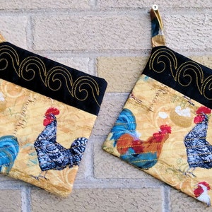 Set of Potholders Farmhouse Rooster Chicken Pot Holder Farmhouse Kitchen Handmade Embroidered & Quilted Potholder Trivets image 1