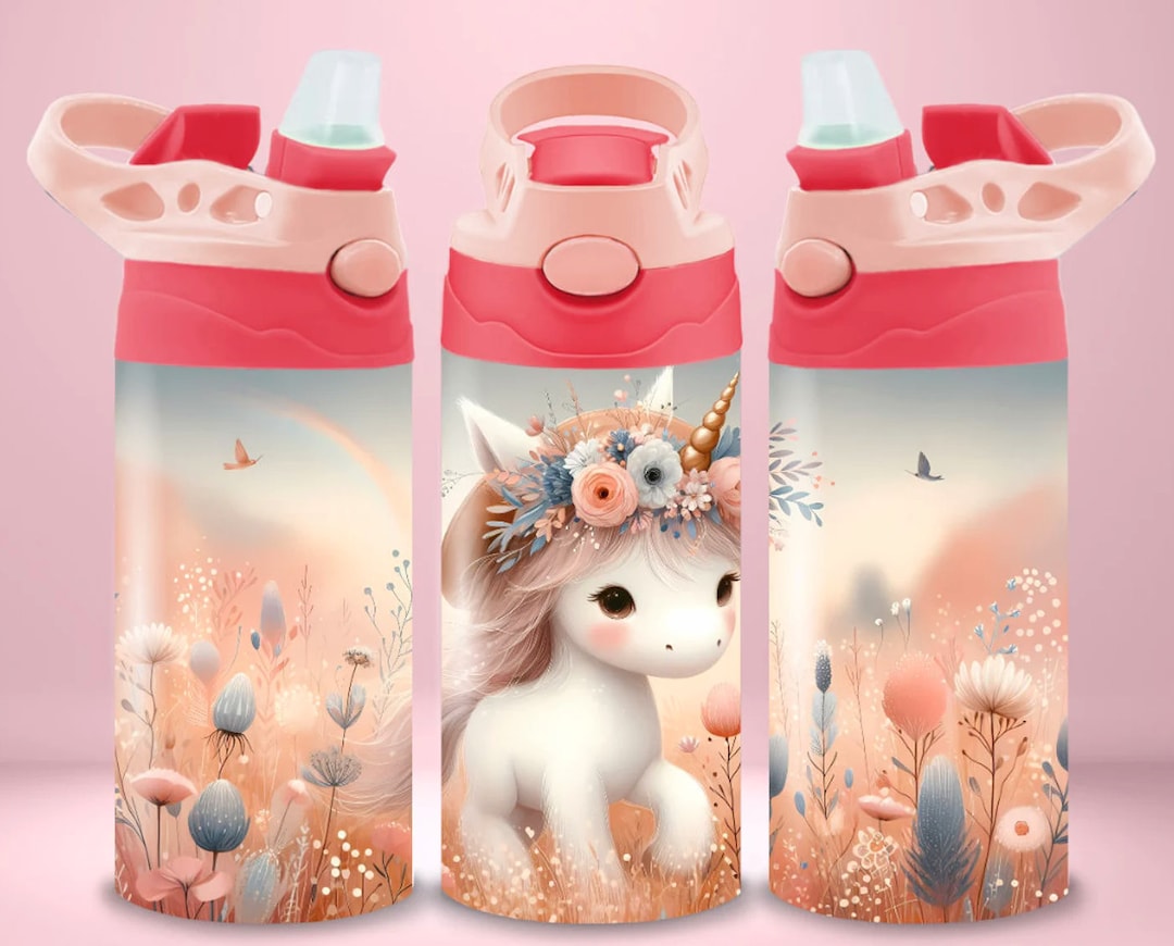 Unicorn in Pastels Kids Water Bottle Stainless Steel built in Straw and ...