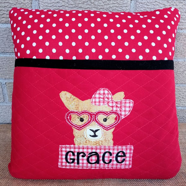 Llama in Red Pajamas -  Choose girl or boy Llama - Personlized Reading Pillow - Quilted & Embroidered Pocket