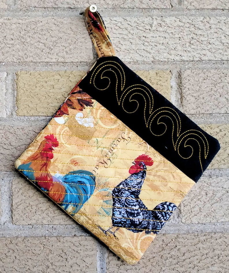 Set of Potholders Farmhouse Rooster Chicken Pot Holder Farmhouse Kitchen Handmade Embroidered & Quilted Potholder Trivets image 2