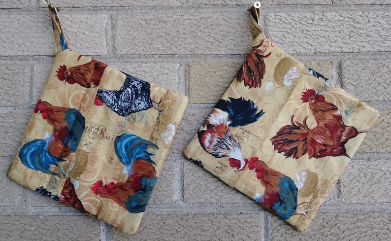 Set of Potholders Farmhouse Rooster Chicken Pot Holder Farmhouse Kitchen Handmade Embroidered & Quilted Potholder Trivets image 4
