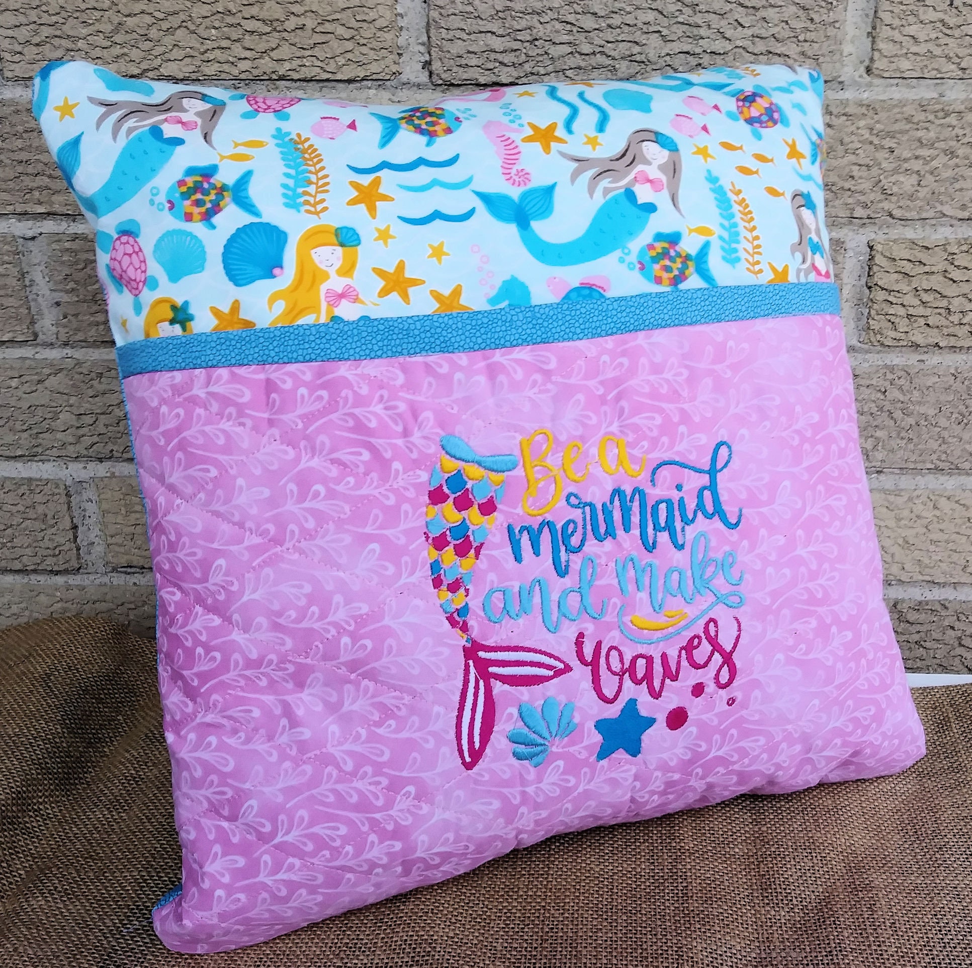 Mermaid Girls Reading Pillow Quilted Embroidered Pocket Bed
