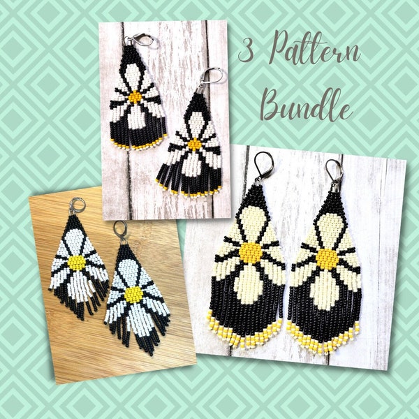 Daisy Seed Bead 2 Drop Brick Stitch Fringe Earring 3 Pattern Bundle