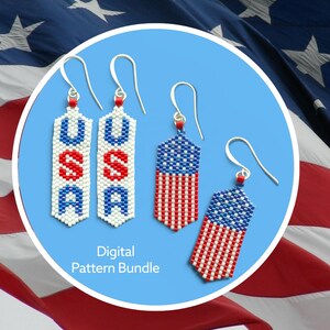 May include: Four beaded earrings with silver-toned hooks. Two earrings feature the letters USA in blue and red on a white background. Two earrings feature a red, white, and blue flag pattern. The text Digital Pattern Bundle is printed below.