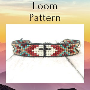 May include: A beaded loom bracelet with a geometric pattern in red, turquoise, black, white, and tan. The bracelet is displayed on a white wooden surface. The text "Loom Pattern" is above the bracelet.