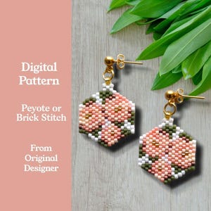 Patrón de aretes de puntada peyote o ladrillo de cuentas impares de rosa