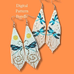May include: Cream-coloured beaded dangle earrings with blue and black geometric patterns. The earrings have a fringe at the bottom and are suspended from silver hooks. The text "Digital Pattern Bundle" is in the upper left.