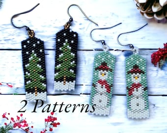 Christmas Tree and Snowman Winter Odd Count Peyote Earring Patterns