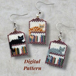 May include: Three rectangular beaded earrings with silver-tone hooks. Each earring features a pixelated cat sitting above a row of colorful books. The cats are black, orange, and grey. The text Digital Pattern is printed in brown below the earrings.