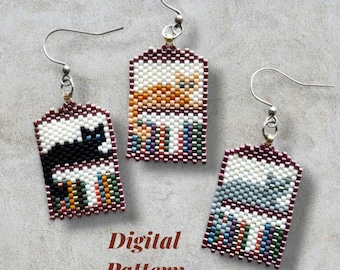 Library Cat Odd Count Peyote or Brick Stitch Earring Pattern Bundle in 2 Sizes