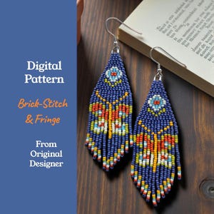 May include: A pair of beaded earrings with a blue background. The earrings feature a brick-stitch and fringe design with a butterfly pattern in yellow, orange, red, and white. The text "Digital Pattern Brick-Stitch & Fringe From Original Designer" is visible.