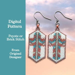 May include: A pair of beaded earrings with a cross design. The earrings are white with red, blue, and brown accents. The text on the left side says "Digital Pattern", "Peyote or Brick Stitch", and "From Original Designer".