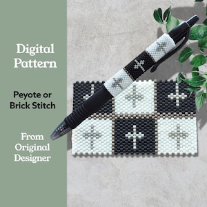 May include: A black pen with a beaded cover featuring a cross design in black, white, and gray. The pen rests on a matching beaded square. Text on the left reads "Digital Pattern" and "Peyote or Brick Stitch".