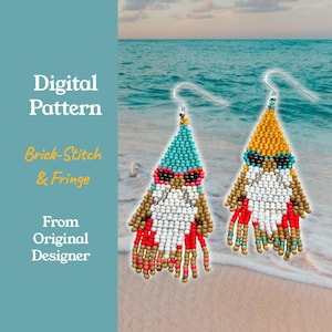 May include: Two beaded earrings featuring a gnome design with brick-stitch and fringe details. One gnome has a turquoise hat and the other a yellow hat, both wearing sunglasses and white beards with red and tan accents. Text reads Digital Pattern.