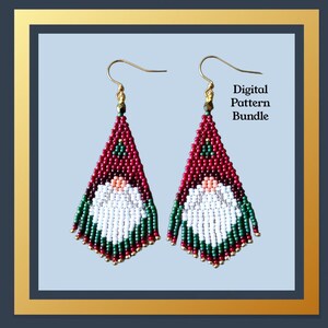 May include: A pair of beaded Christmas earrings in a gnome design. The earrings feature a red hat, white beard, and green and gold accents. The text "Digital Pattern Bundle" is visible.