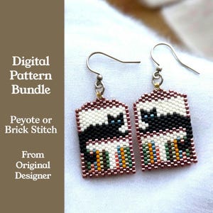 Library Cat Odd Count Peyote or Brick Stitch Earring Pattern Bundle in 2 Sizes