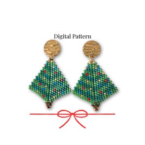 May include: A pair of earrings featuring a textured gold-tone circular stud attached to a triangular beaded pendant. The pendant is crafted from green beads with small red and blue accents. The text Digital Pattern is visible above the earrings.