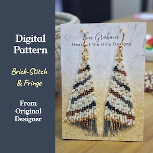 May include: Triangular beaded earrings with gold-colored hooks. The earrings feature a brick-stitch pattern in white, brown, black, and gray beads, with a fringe at the bottom. The card reads "Kim Graham Heart of the Hills Designs."