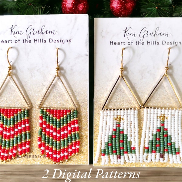 2 Christmas Triangle Seed Bead Fringe Tassel Earring Patterns