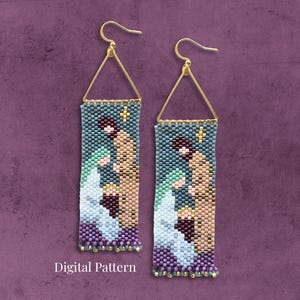 May include: A pair of rectangular beaded earrings featuring a nativity scene with a star, rendered in shades of blue, tan, purple, and white. The earrings hang from gold-toned triangular frames and hooks. The text Digital Pattern is visible.
