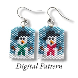 May include: A pair of rectangular beaded earrings featuring a snowman design with a black hat, orange nose, and brown arms. One snowman wears a green scarf, the other a red scarf, against a light blue snowy background. Text reads Digital Pattern.