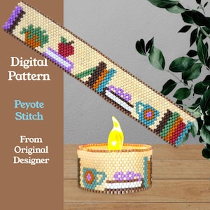 May include: A peyote stitch beadwork strip and a matching cylindrical beadwork candle wrap featuring a repeating pattern of books, a red apple, and a blue mug. The text reads Digital Pattern, Peyote Stitch, From Original Designer.