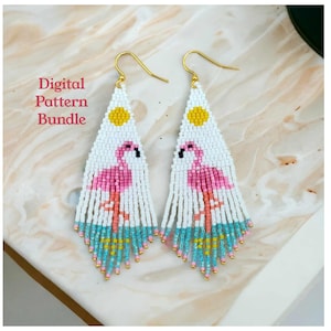 May include: A pair of triangular beaded earrings featuring a white background with a pink flamingo, a yellow sun, and a turquoise fringe at the bottom. The earrings have gold-toned hooks and the text Digital Pattern Bundle is visible on the left.