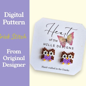 May include: A pair of owl-shaped earrings made with small, colorful beads. The earrings are brown, white, purple, and yellow, and are displayed on a white card with the text "Heart of the Hills Designs". The card also says "Hand-crafted in the Ozarks".