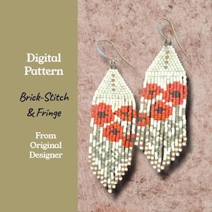 May include: A pair of beaded earrings featuring a brick-stitch pattern with fringe, displaying a color palette of white, orange, and grey. The text Digital Pattern Brick-Stitch & Fringe From Original Designer is visible on the left side of the image.