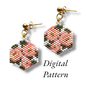 May include: A pair of hexagonal drop earrings crafted from small beads in shades of peach, olive green, and white, featuring gold-tone stud posts. The text Digital Pattern is displayed in black script below the earrings on a plain white background.