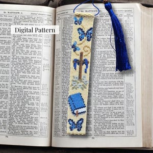 Blue Butterfly Bible Bookmark Pattern, Even- Count 2-Drop Technique, Seed Bead Pattern