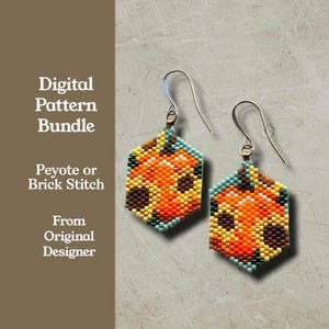 May include: Hexagonal beaded earrings featuring a vibrant orange, yellow, and dark brown geometric pattern with teal accents. The earrings hang from gold-toned metal hooks. Text on the left reads: Digital Pattern Bundle, Peyote or Brick Stitch, From Original Designer.