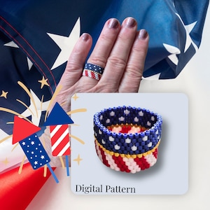 May include: A beaded ring featuring a blue section with white stars and a red and white striped section. The ring is displayed on a finger and also shown as a digital pattern graphic with firework illustrations and a United States flag background.